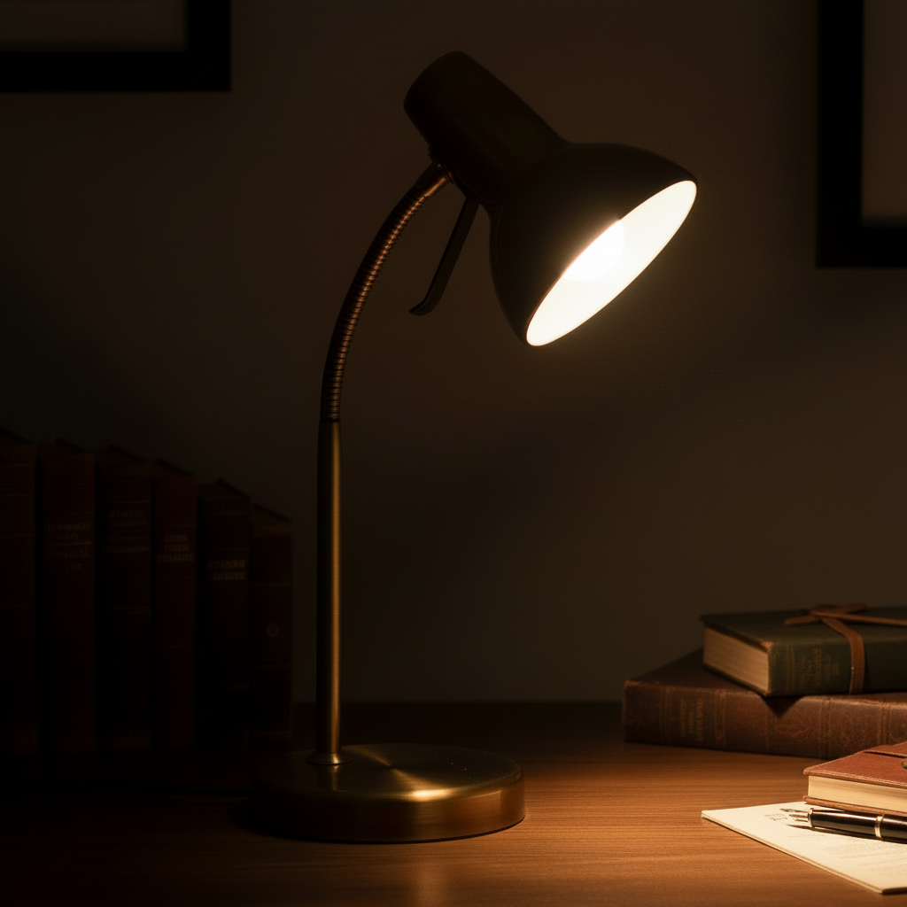 Endon Lighting Amalfi antique brass task table lamp with USB port on a desk with books