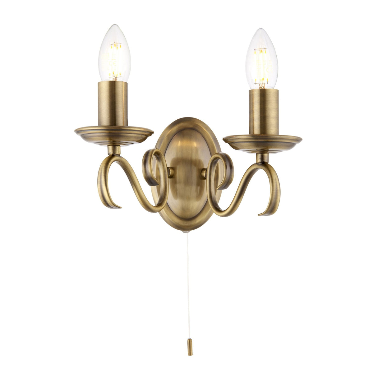 Bernice Two Arm Switched Wall Light in Antique Brass