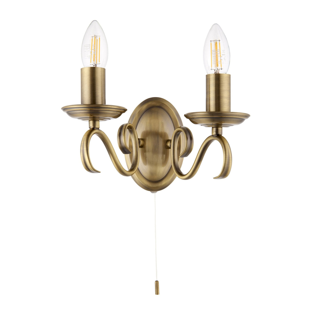 Bernice Two Arm Switched Wall Light in Antique Brass