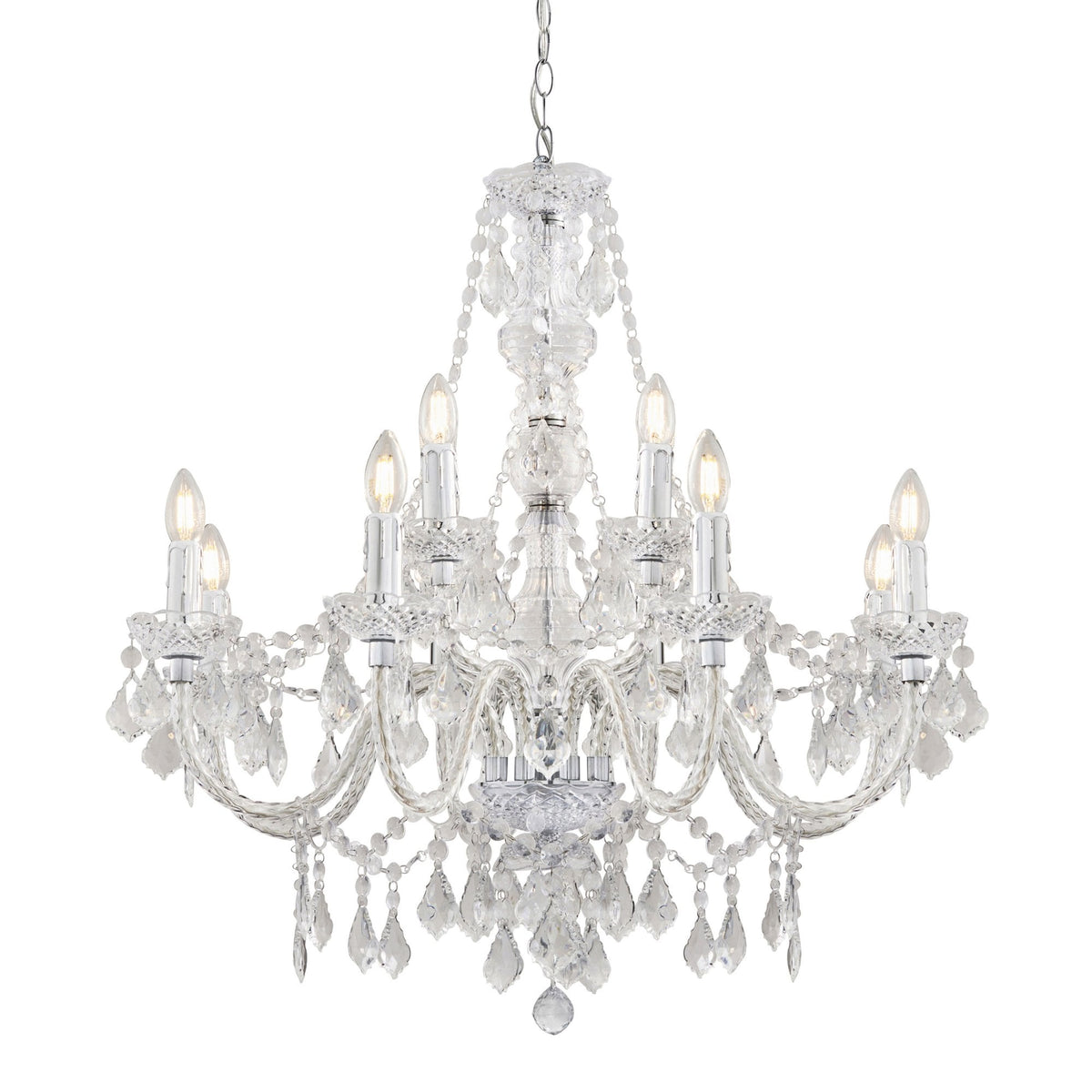 A grand crystal chandelier with twelve lit candle-style bulbs and cascading crystal adornments.
