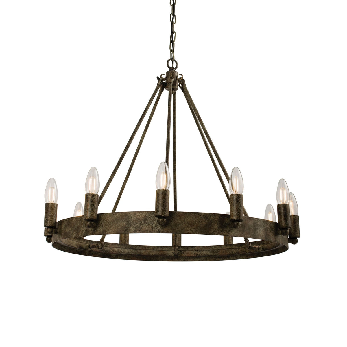 Rustic bronze chandelier with eight illuminated candle-style bulbs, hanging from a chain on a white background.