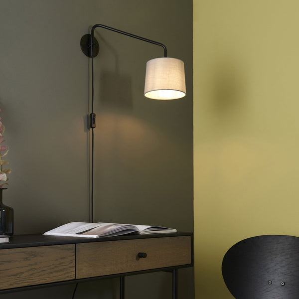 Carlson Short Swing Arm Wall Lamp in Matt Black & Light Grey Shade