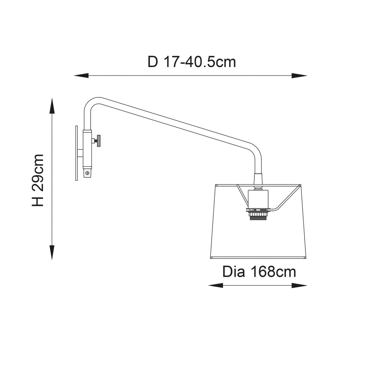 Line drawing of the wall light with dimensions: H 29cm, D 17-40.5cm, Dia 168cm.