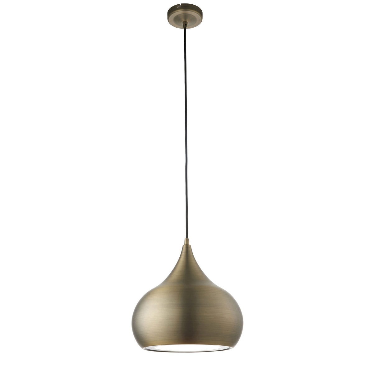 A single brass pendant light with a teardrop shape hangs from a black cord against a white background.