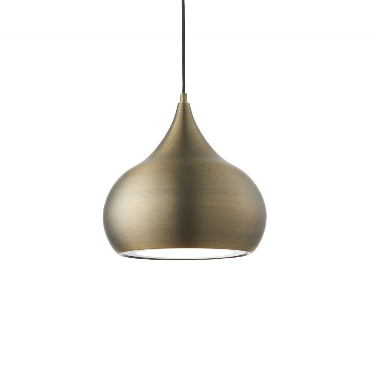 A brass pendant light with a sleek, modern design hangs from a black cord against a white background.