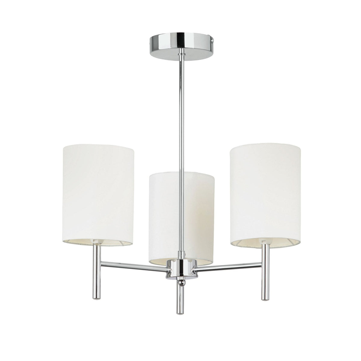 Three-light ceiling pendant with chrome finish and white fabric shades on a white background.