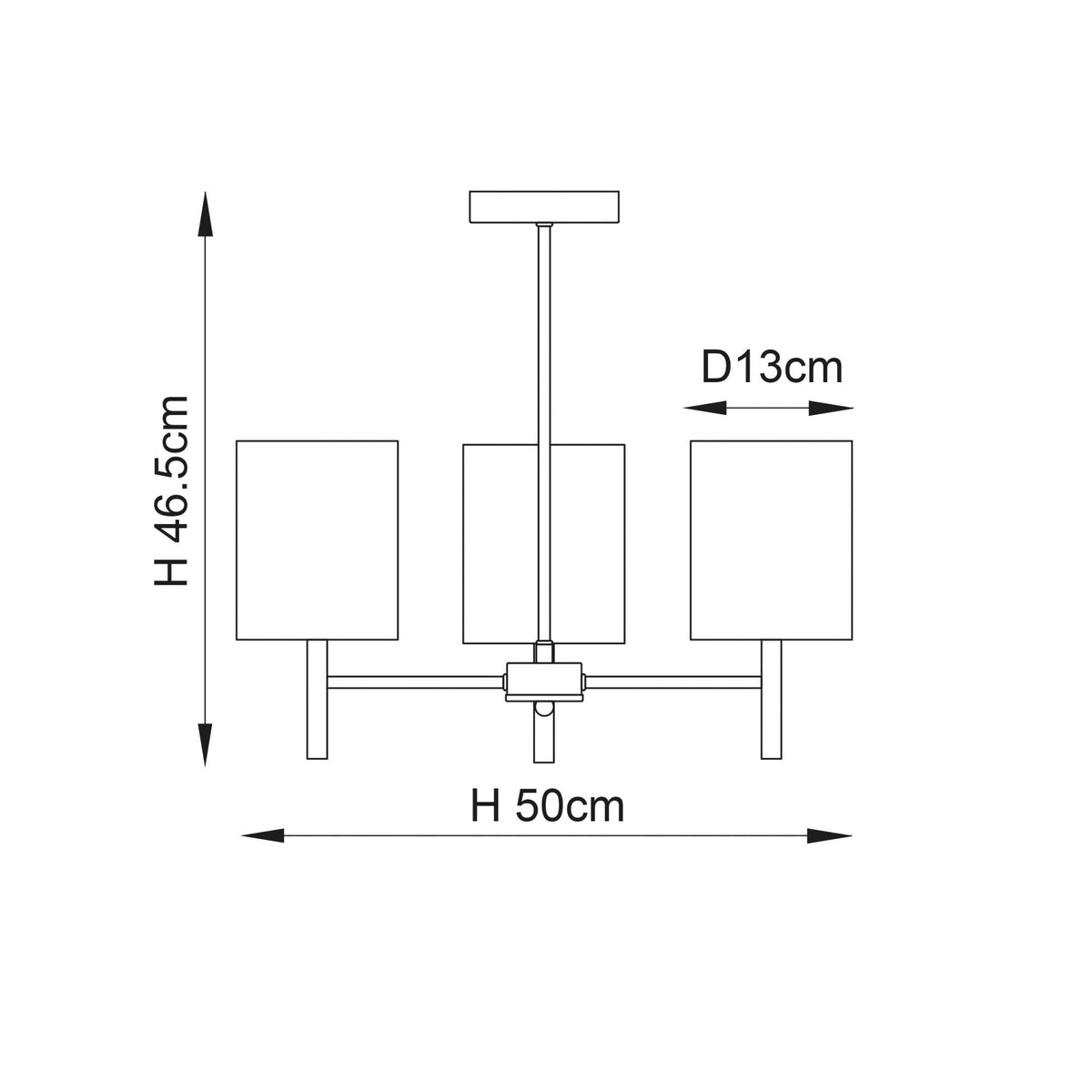 Line drawing of a three-light ceiling pendant with dimensions: H 46.5cm, H 50cm, D 13cm.