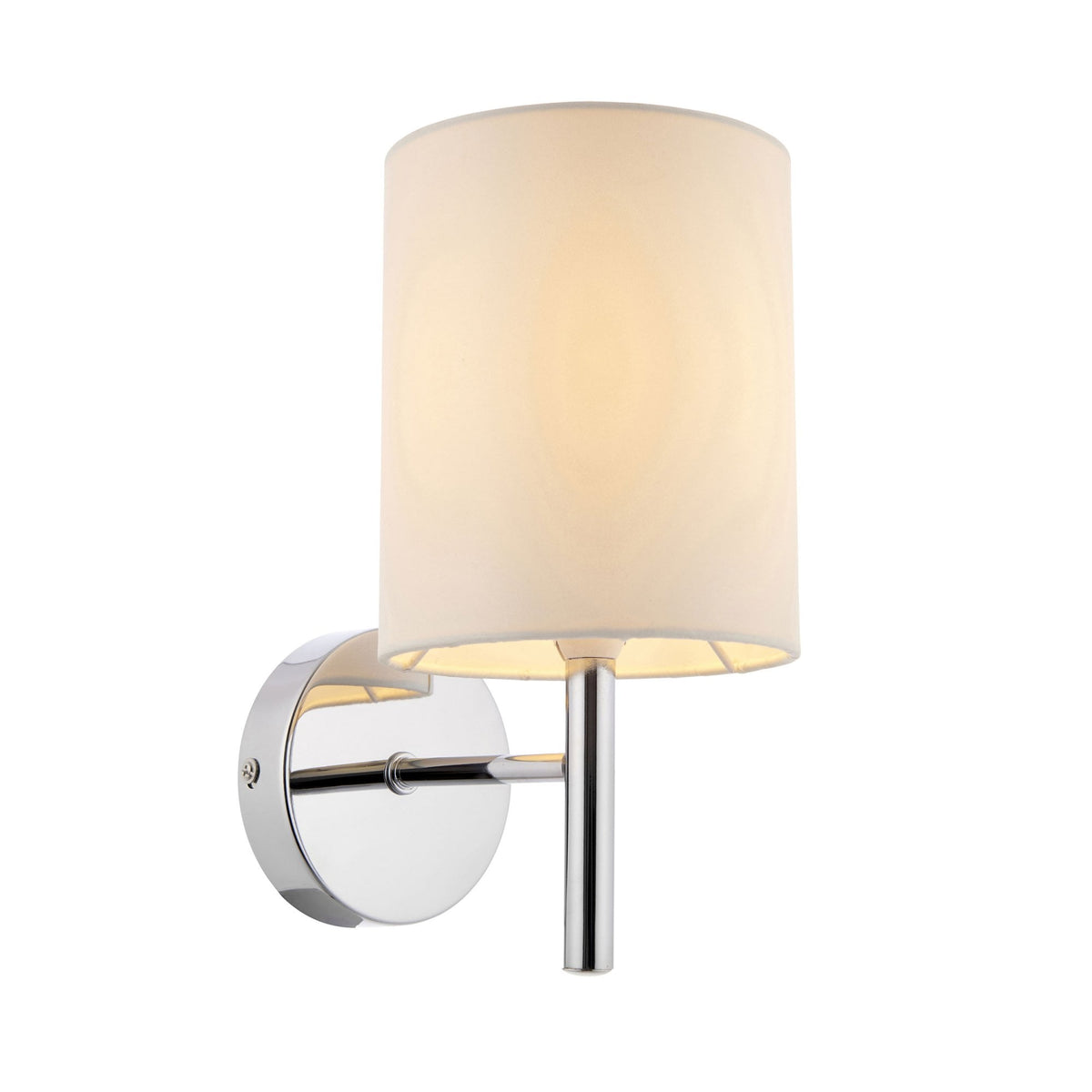 Chrome wall light with a white cylindrical shade.