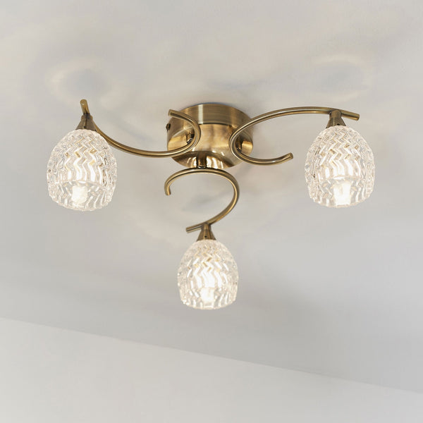 Boyer 3lt Semi Flush Ceiling Light in Antique Brass & Clear Glass