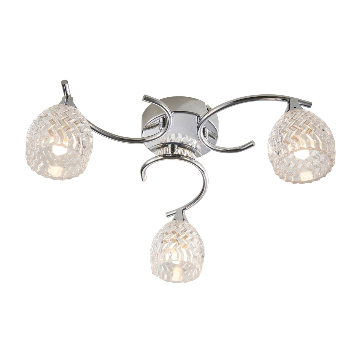 Three-light ceiling fixture with chrome arms and textured glass shades on a white background.