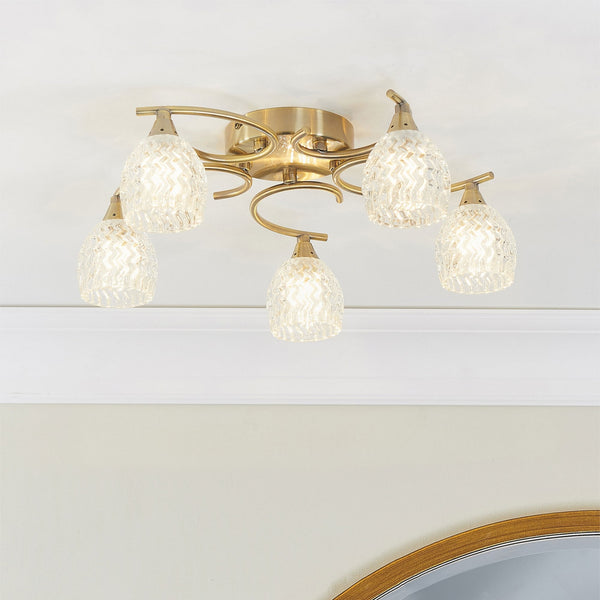 Boyer 5lt Semi Flush Ceiling Light in Antique Brass & Clear Glass