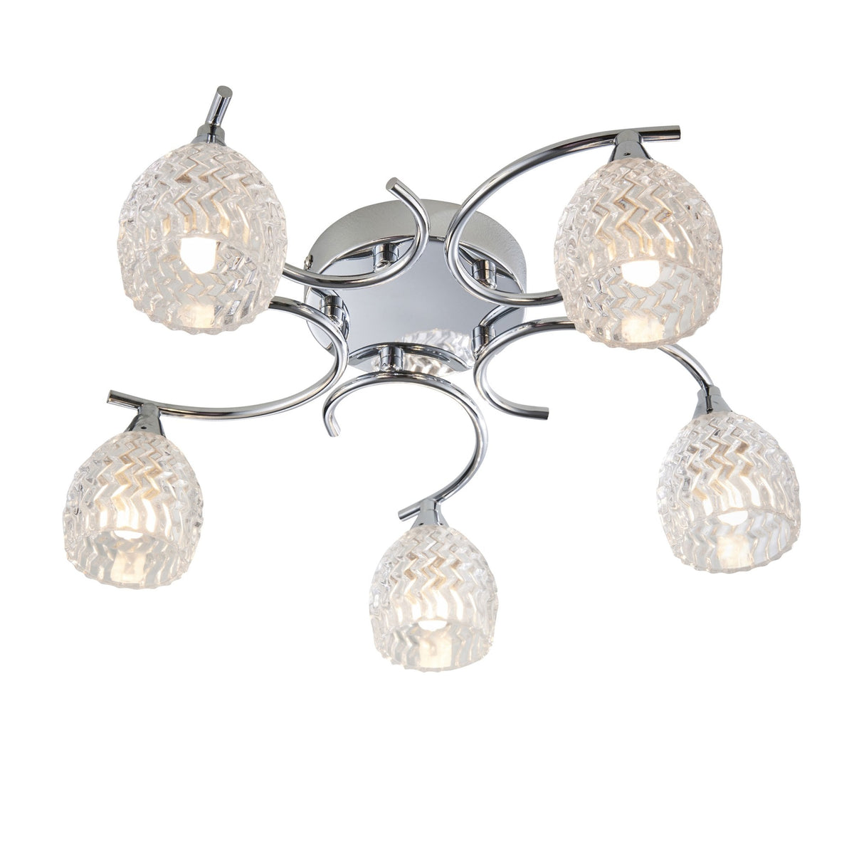Chrome ceiling light with five clear, textured glass shades, illuminated and isolated on a white background.