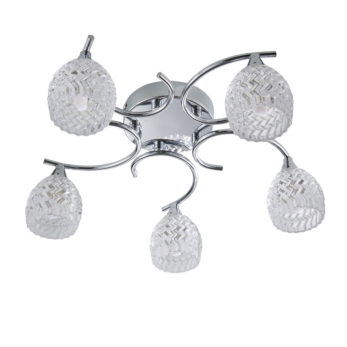 Chrome ceiling light with five clear, textured glass shades, illuminated and isolated on a white background.