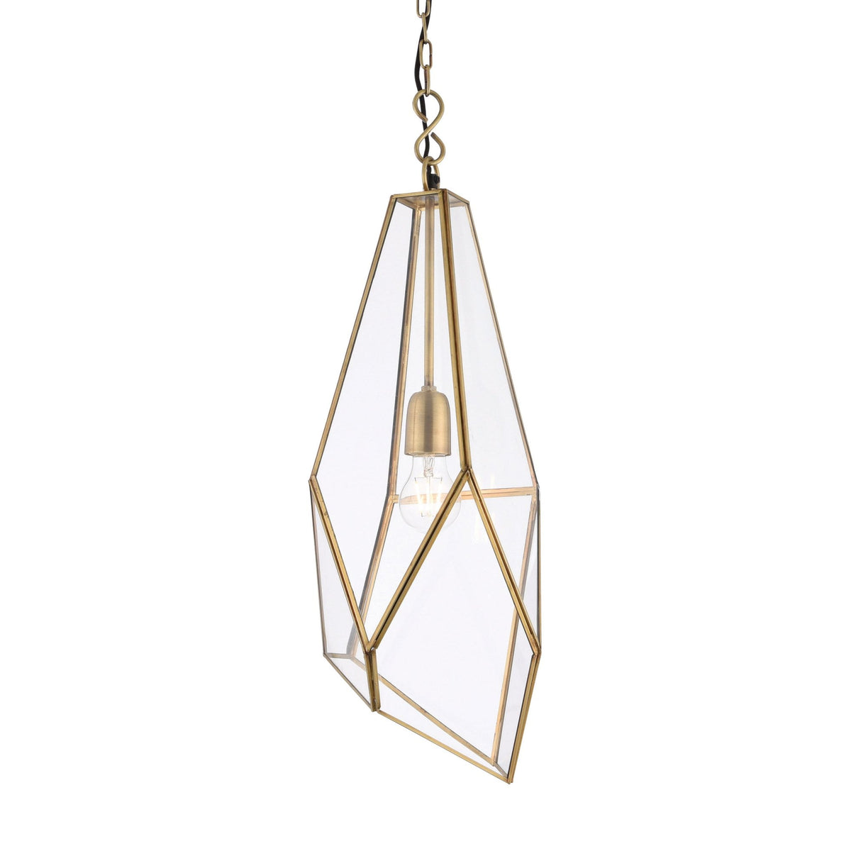 Geometric pendant light with clear glass and brass frame, hanging from a chain against a white background.