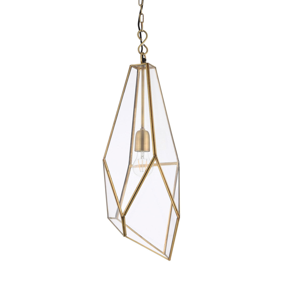 Geometric pendant light with clear glass and brass frame, hanging from a chain against a white background.
