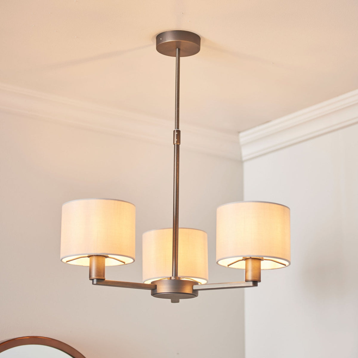 Daley 3 Arm Pendant in Antique Bronze with Marble Faux Silk Shades