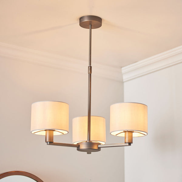 Daley 3 Arm Pendant in Antique Bronze with Marble Faux Silk Shades