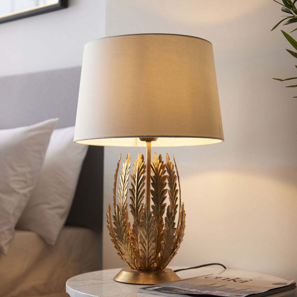 Delphine Table Lamp in Gold Leaf with Cotton Fabric Ivory Shade