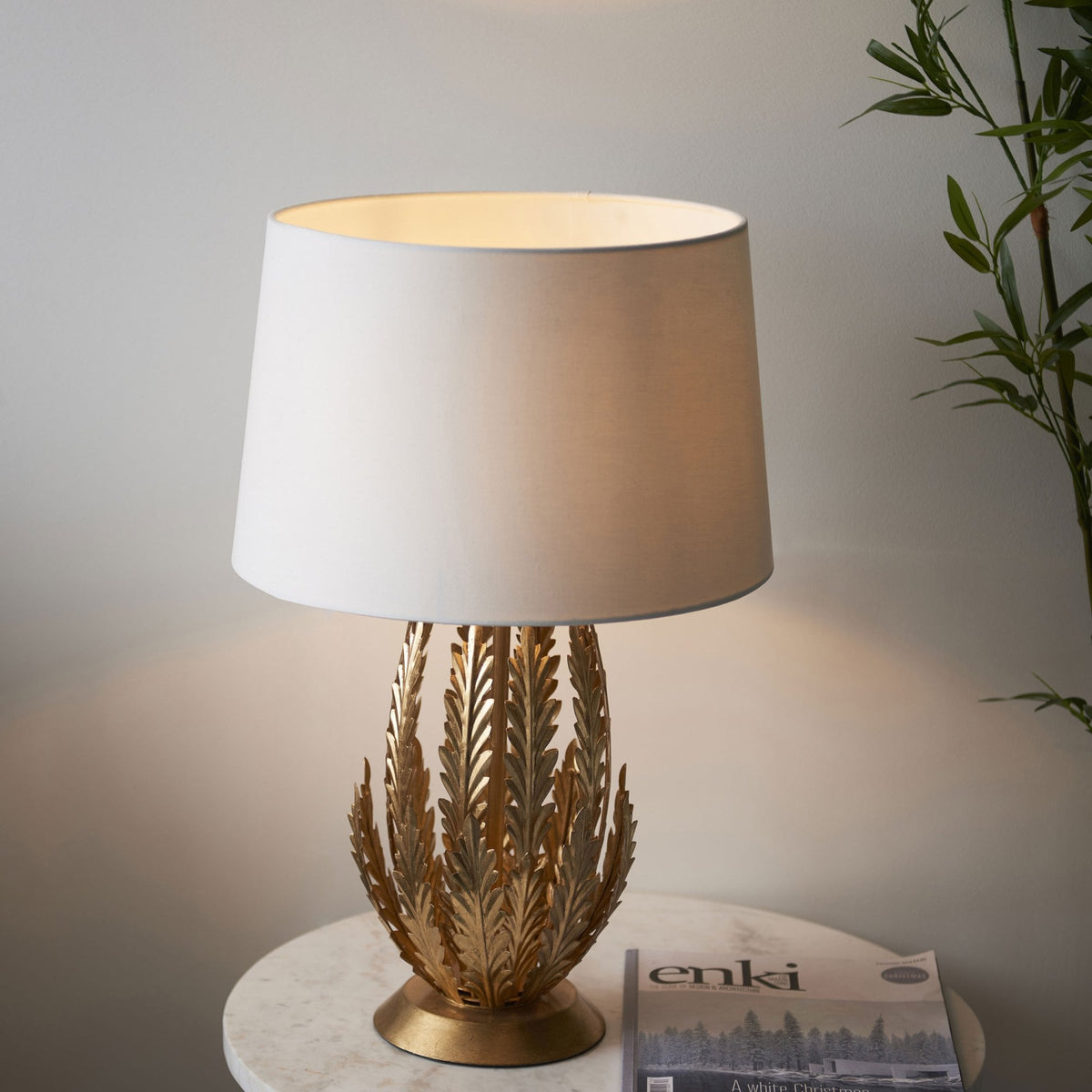 Delphine Table Lamp in Gold Leaf with Cotton Fabric Ivory Shade