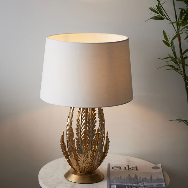 Delphine Table Lamp in Gold Leaf with Cotton Fabric Ivory Shade