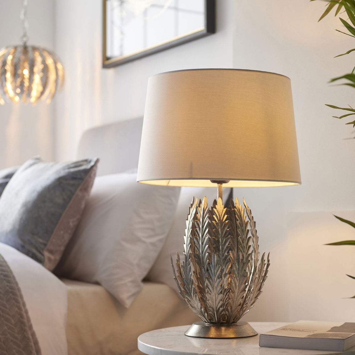 Delphine Table Lamp in Silver Leaf with Cotton Fabric Ivory Shade
