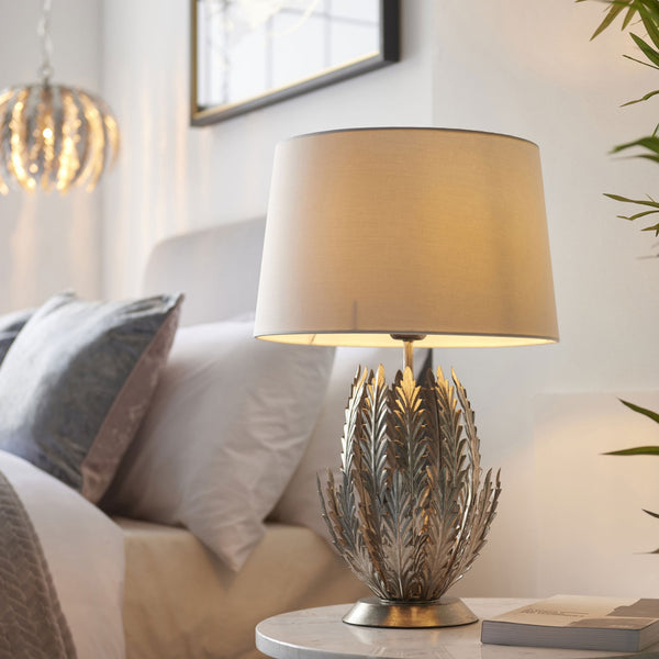 Delphine Table Lamp in Silver Leaf with Cotton Fabric Ivory Shade