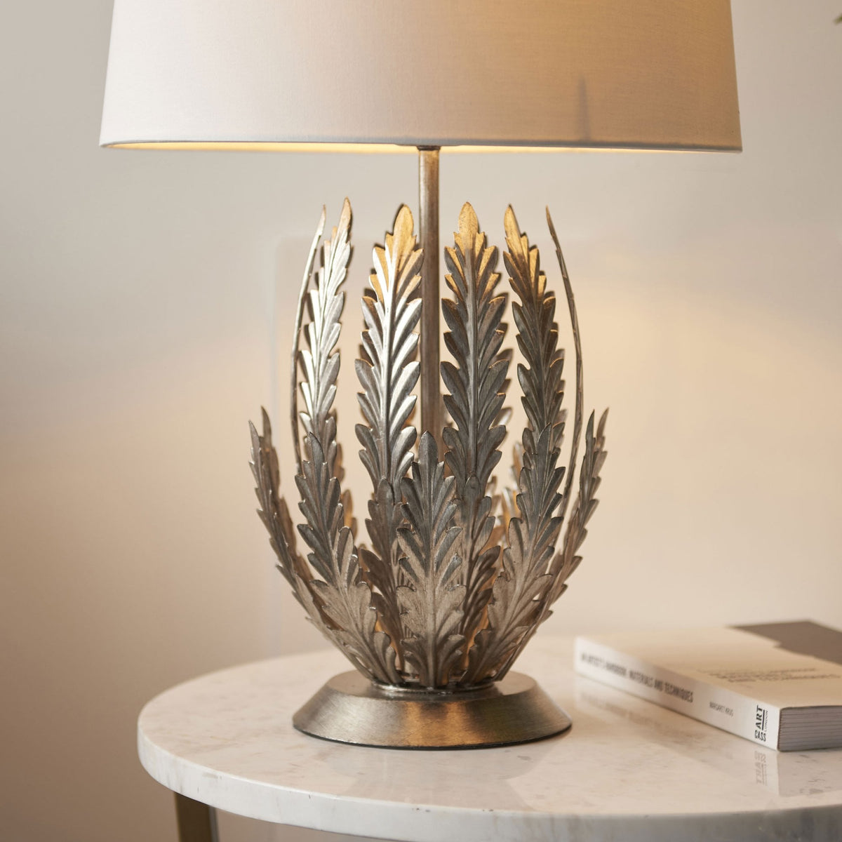 Delphine Table Lamp in Silver Leaf with Cotton Fabric Ivory Shade
