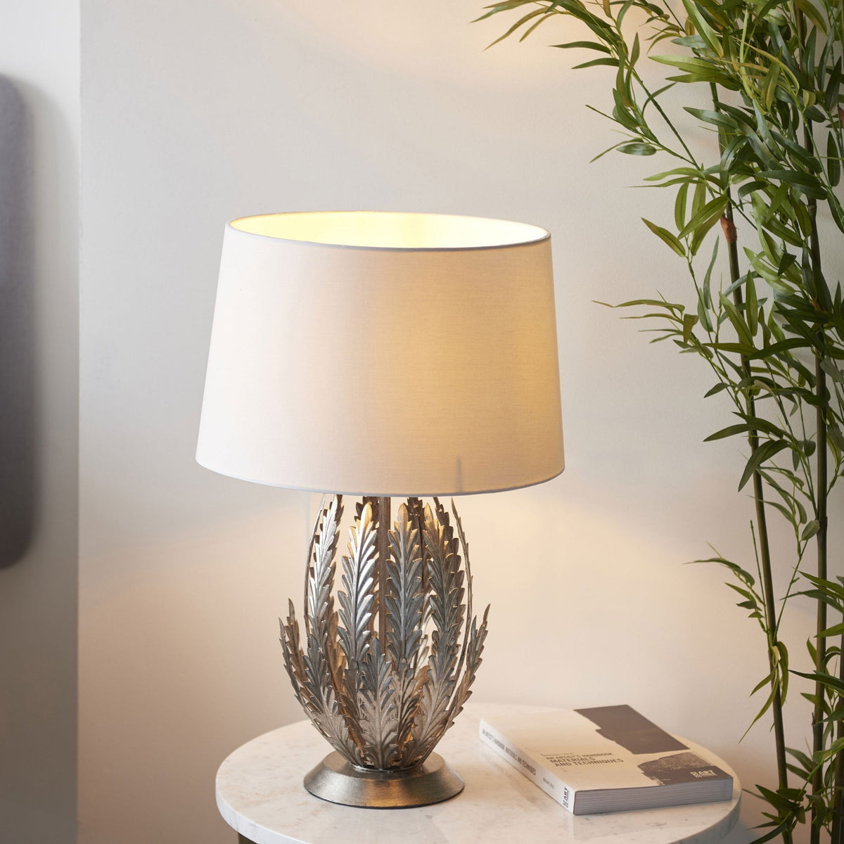 Delphine Table Lamp in Silver Leaf with Cotton Fabric Ivory Shade