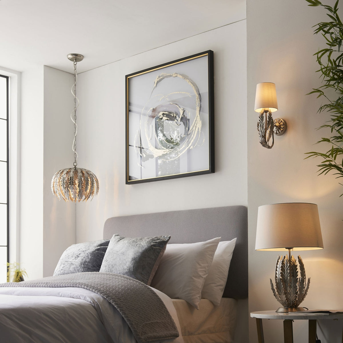 Delphine Table Lamp in Silver Leaf with Cotton Fabric Ivory Shade