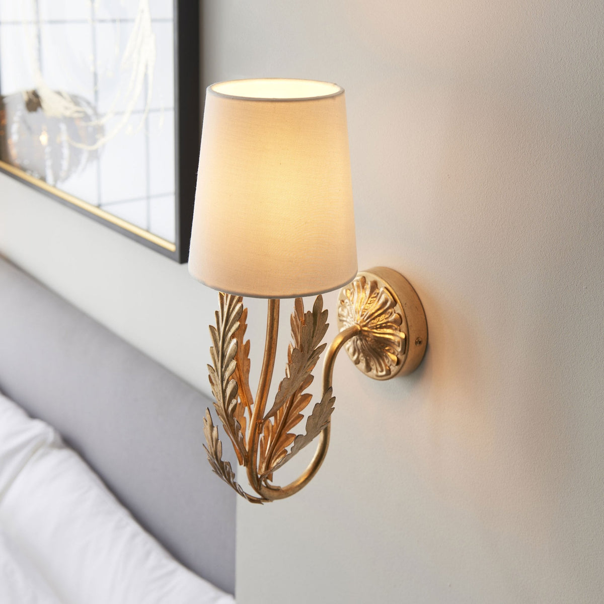 Delphine Wall Light in Gold Leaf with Cotton Fabric Ivory Shade