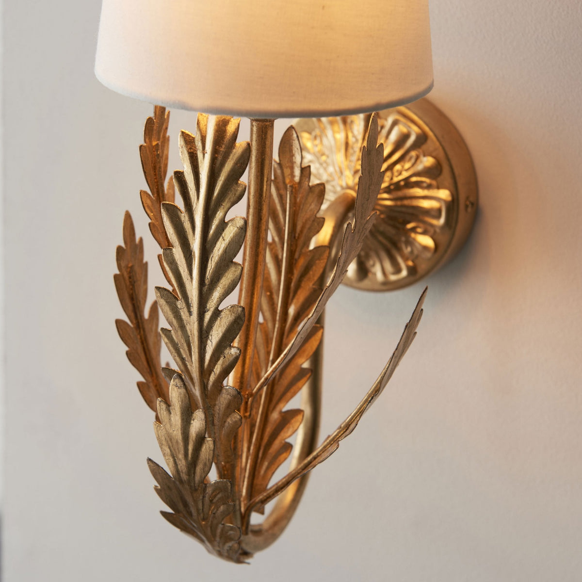 Delphine Wall Light in Gold Leaf with Cotton Fabric Ivory Shade