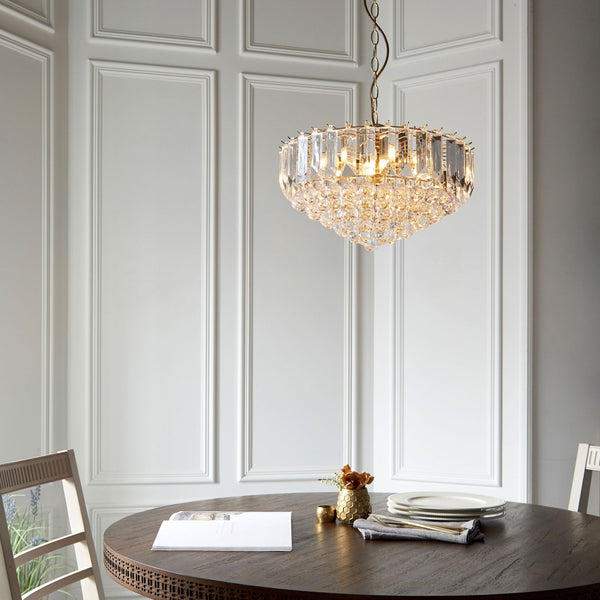 Fargo 6 Light Clear Acrylic Crystal Drop Brass Pendant Light