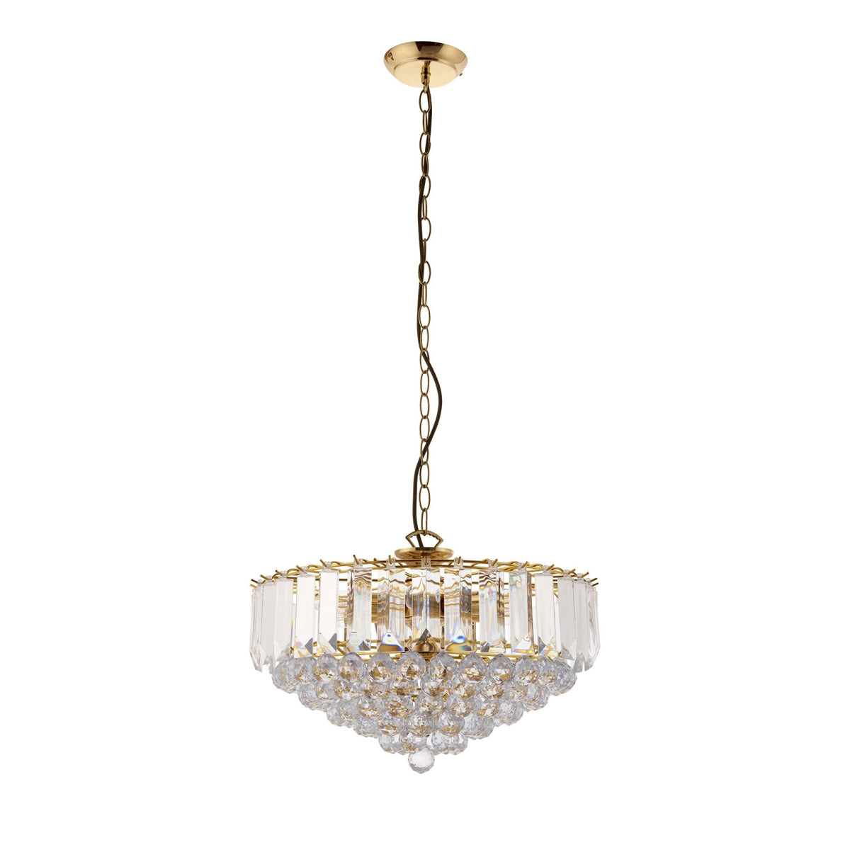 Gold chandelier with crystal prisms and hanging beads on a white background.