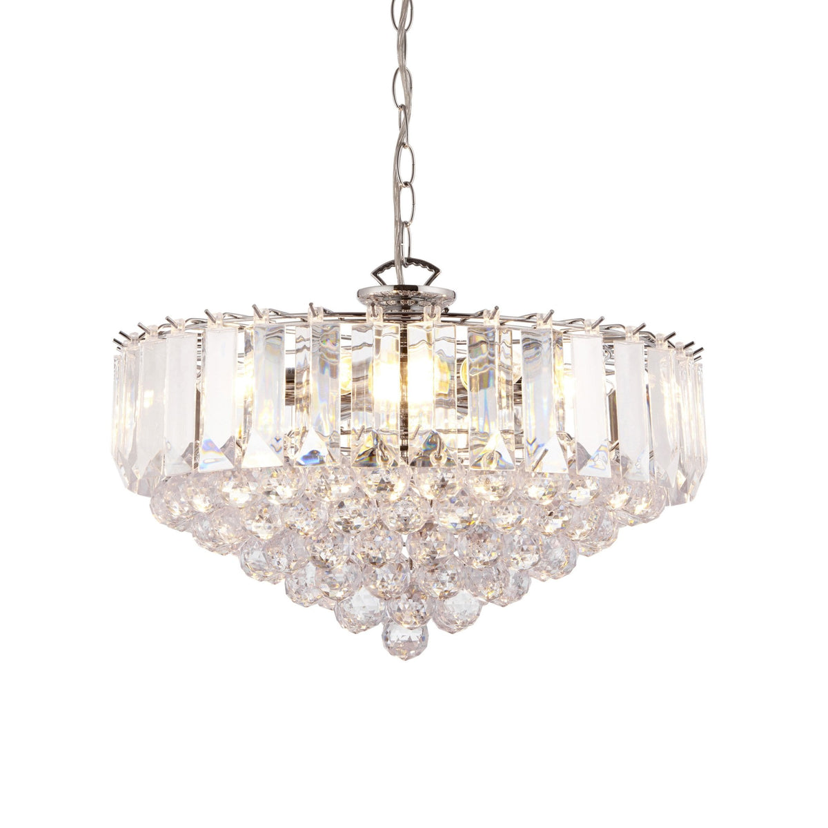 Silver chandelier with crystal prisms and hanging beads on a white background.