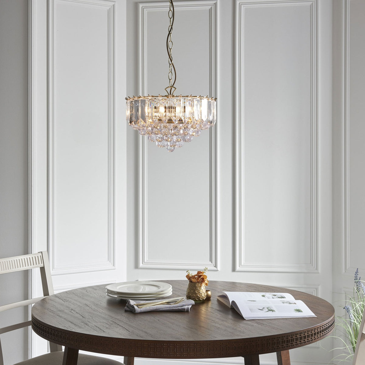 Fargo 3 Light Clear Acrylic Crystal Drop Brass Pendant Light