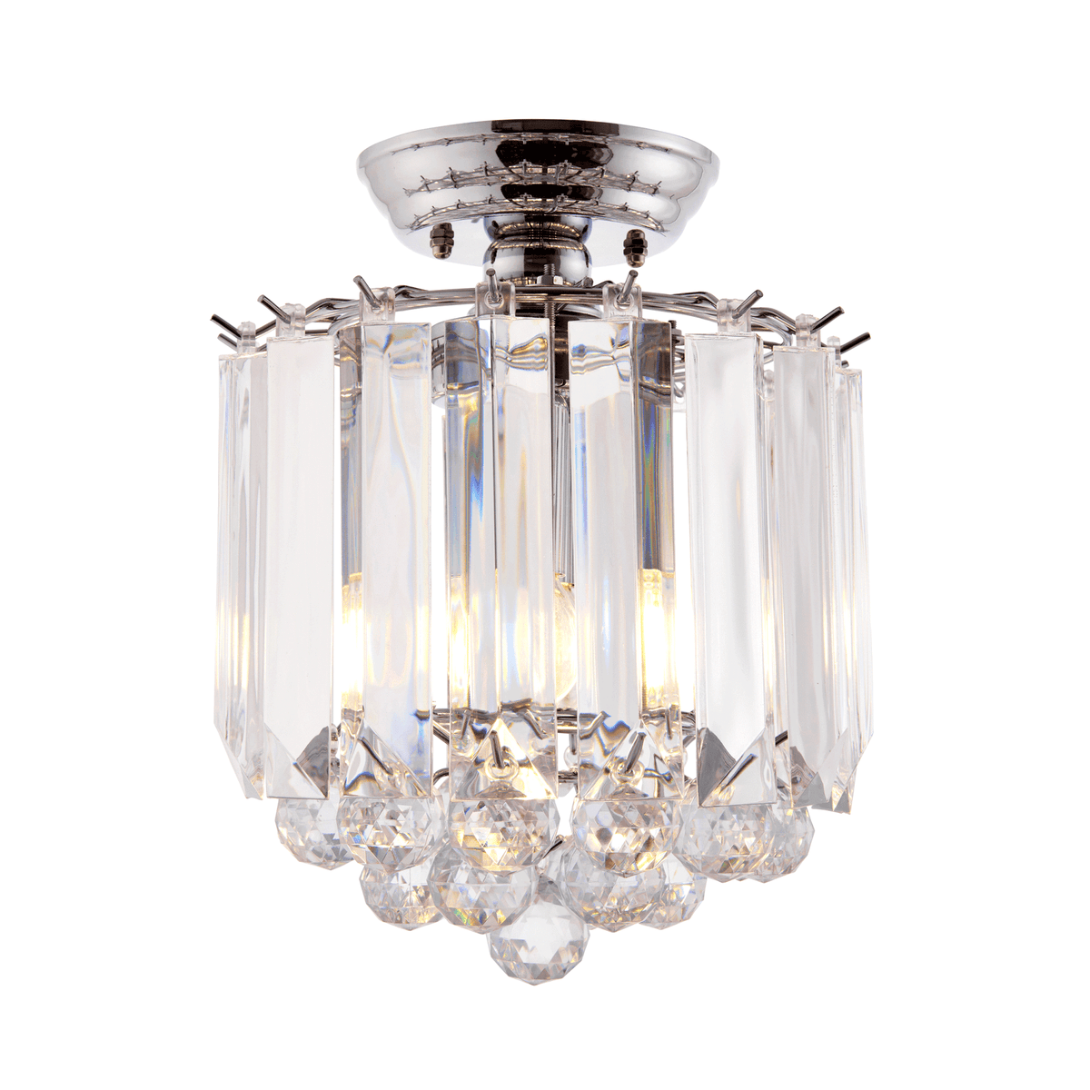A close-up of a crystal chandelier with a chrome base and dangling crystal balls.