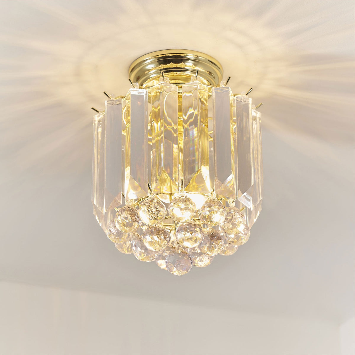 Fargo 2 Light Clear Acrylic Crystal Drop Brass Flush Ceiling Light