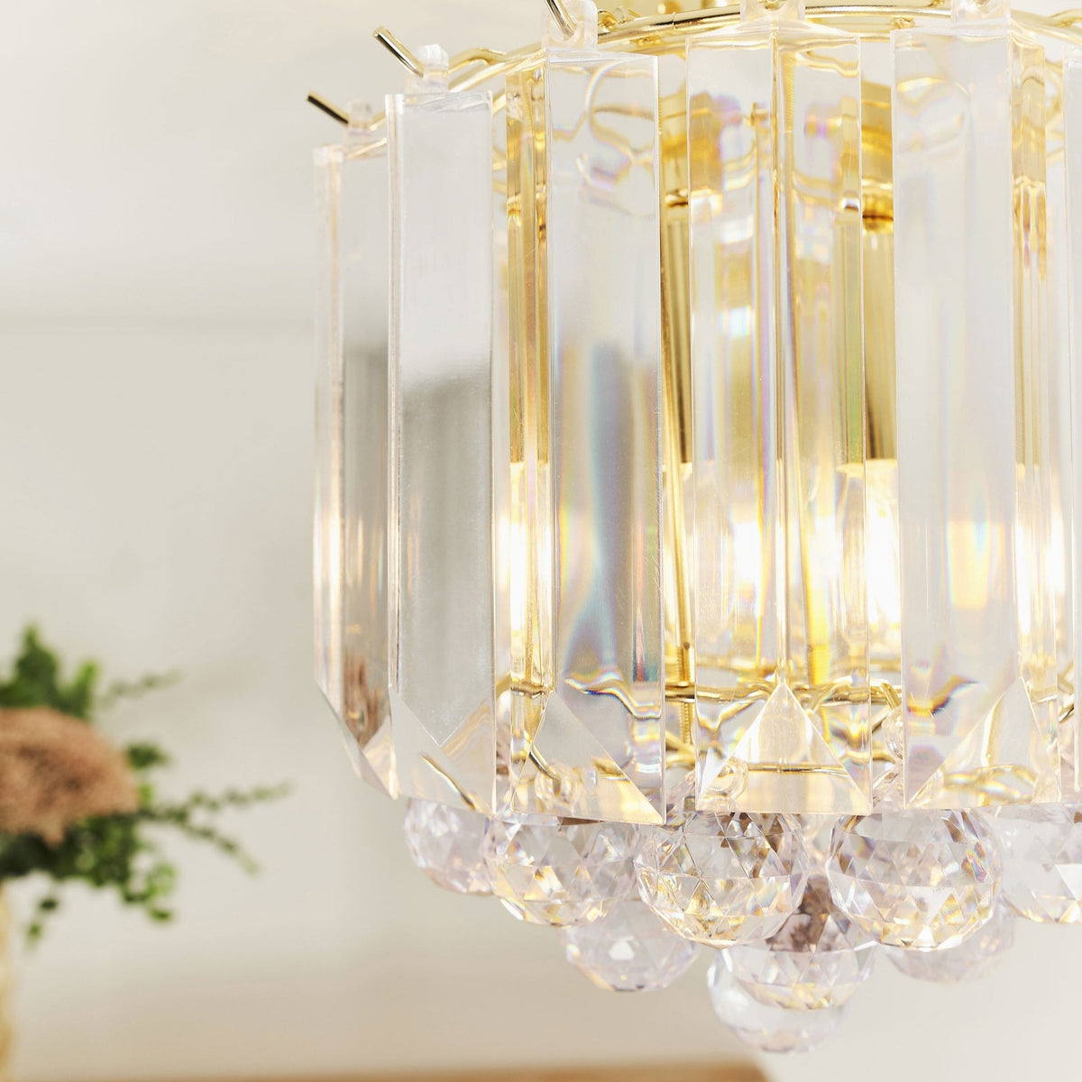 Fargo 2 Light Clear Acrylic Crystal Drop Brass Flush Ceiling Light