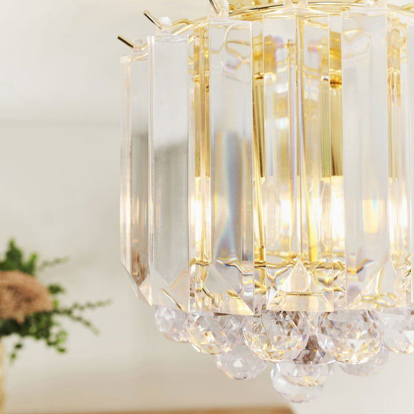 Fargo 2 Light Clear Acrylic Crystal Drop Brass Flush Ceiling Light