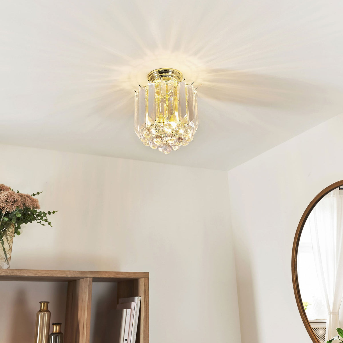 Fargo 2 Light Clear Acrylic Crystal Drop Brass Flush Ceiling Light