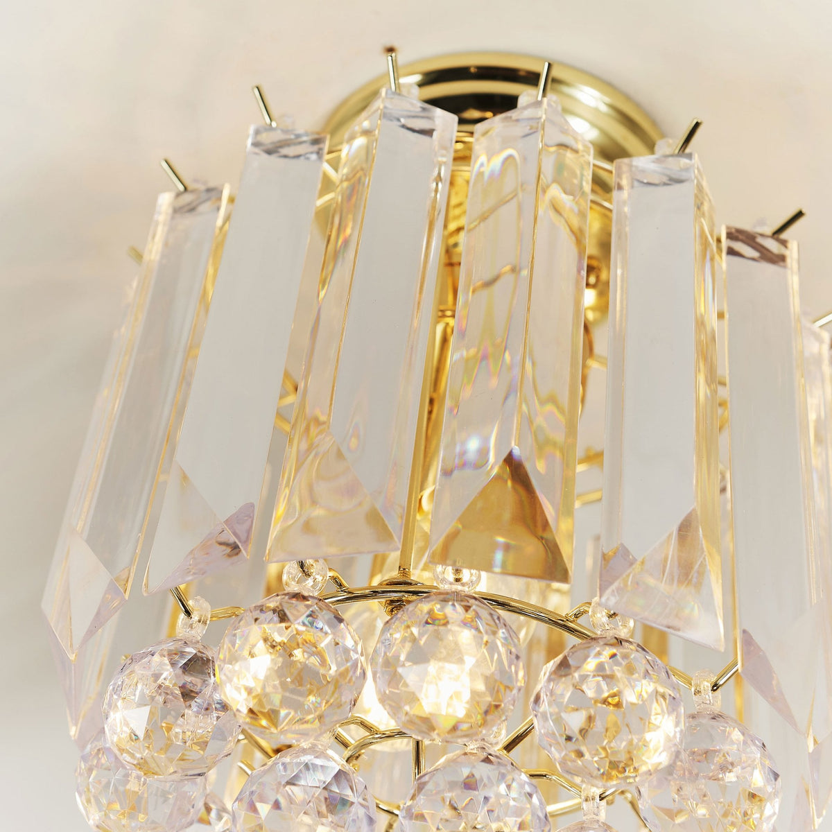 Fargo 2 Light Clear Acrylic Crystal Drop Brass Flush Ceiling Light