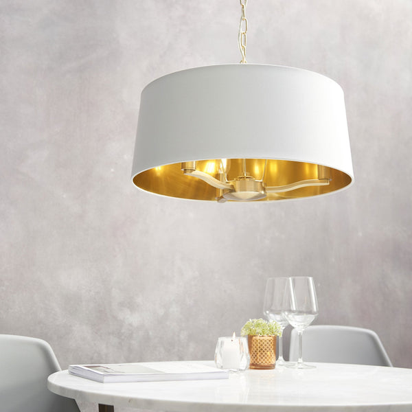 Harvey Three Light Single Pendant in Satin Gold with Vintage White Faux Silk Shade