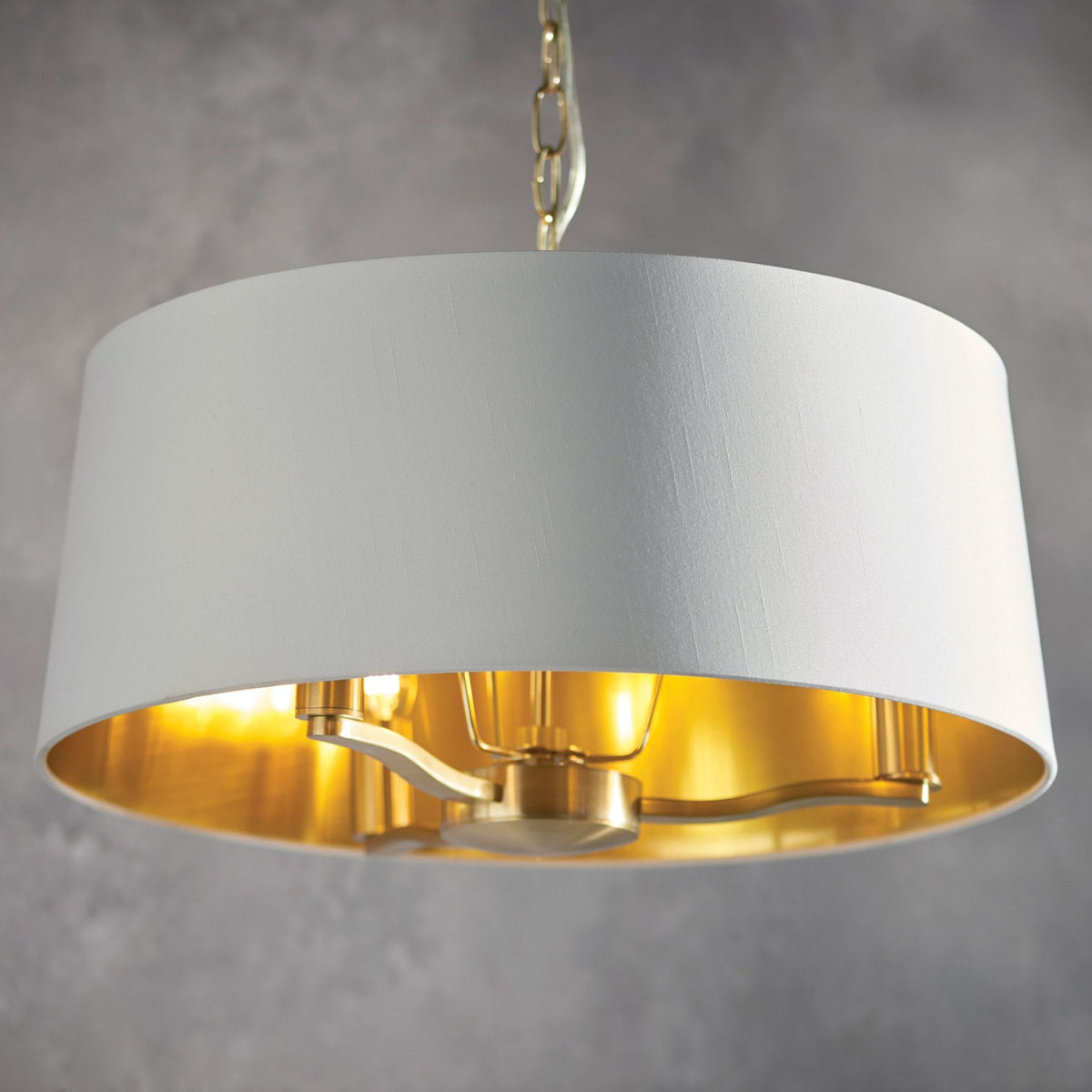 Harvey Three Light Single Pendant in Satin Gold with Vintage White Faux Silk Shade