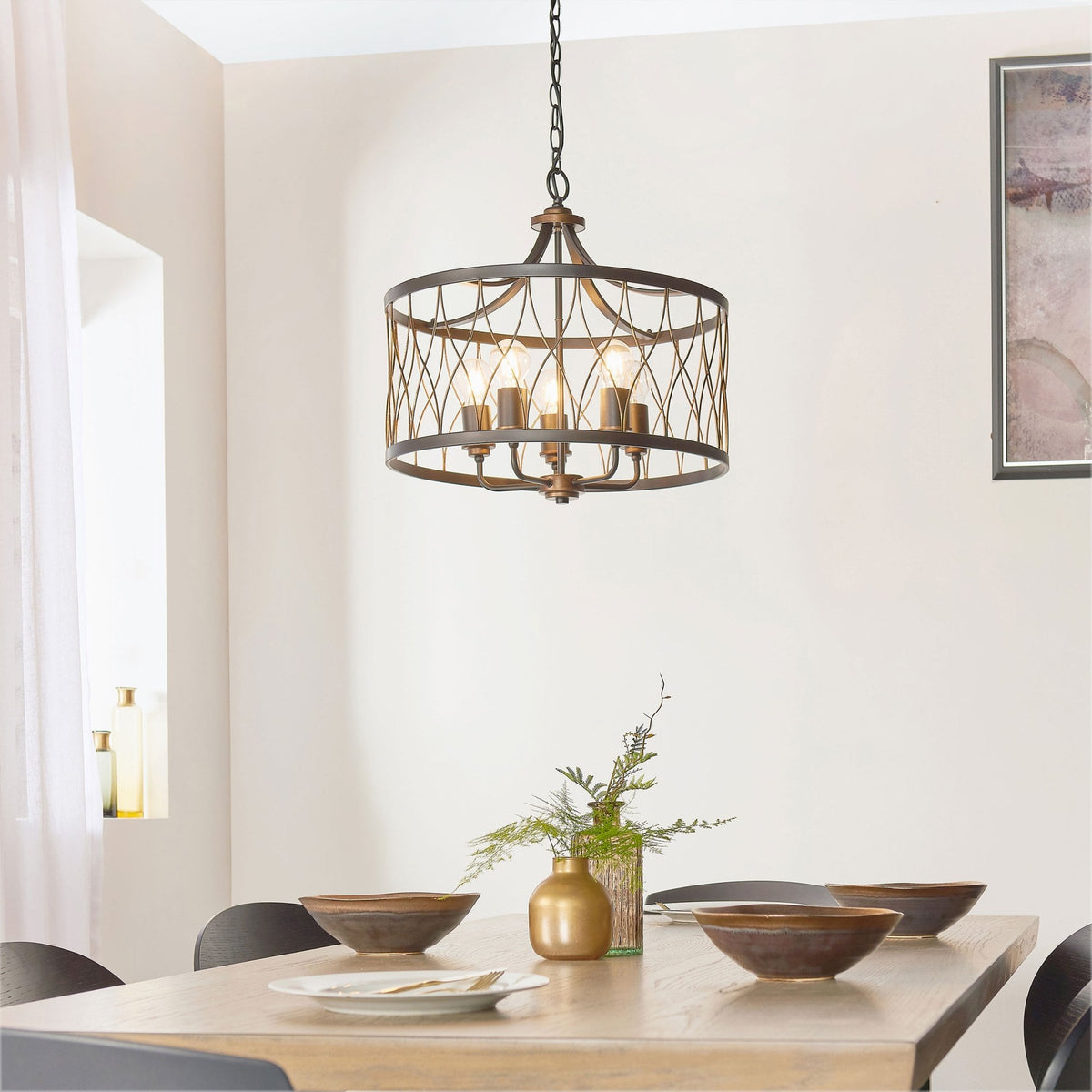 Heston 5 Light Matt Black and Rustic Bronze Pendant Light