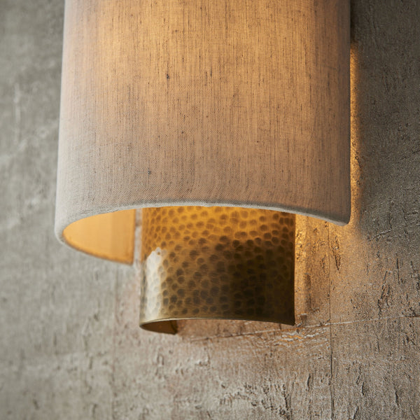 Indara Flush Wall Light in Hammered Bronze Effect and Linen Shade