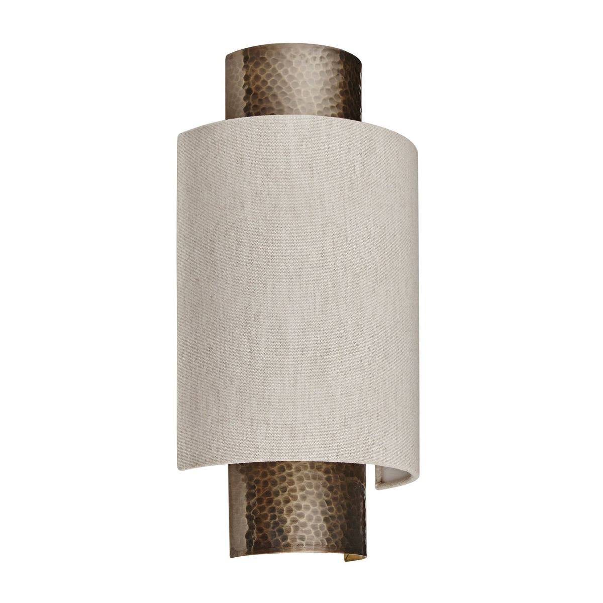 Cylindrical wall light with a textured brass base and top, and a light fabric shade, unlit on a white background.