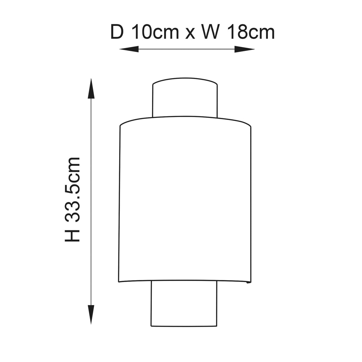 Line drawing of a cylindrical wall light with dimensions: H 33.5cm, D 10cm, W 18cm.
