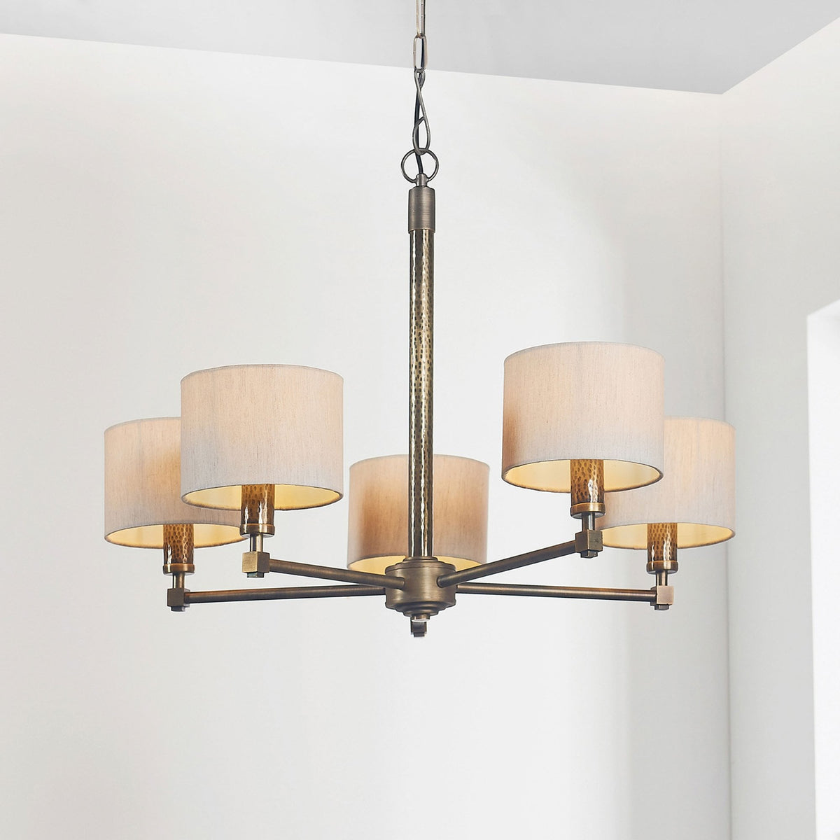 Indara 5 Arm Pendant in Hammered Bronze Effect and Linen Shades