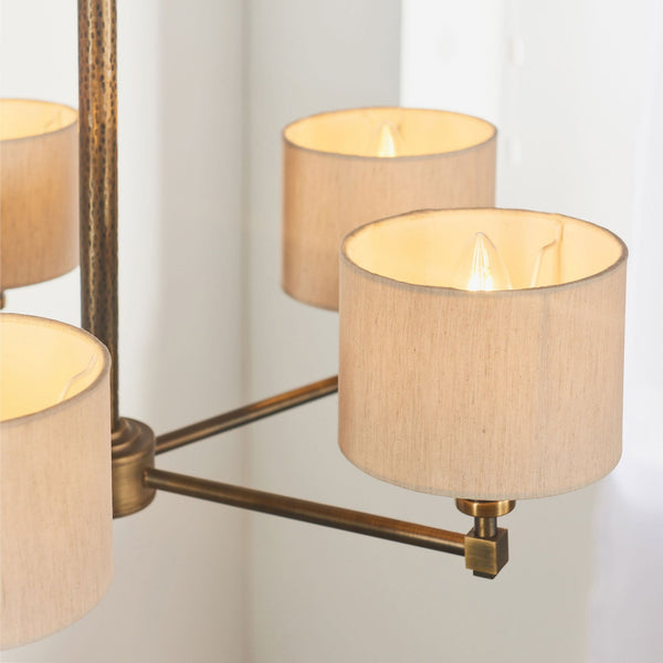 Indara 5 Arm Pendant in Hammered Bronze Effect and Linen Shades