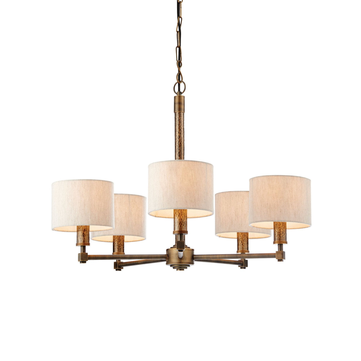 Indara 5 Arm Pendant in Hammered Bronze Effect and Linen Shades